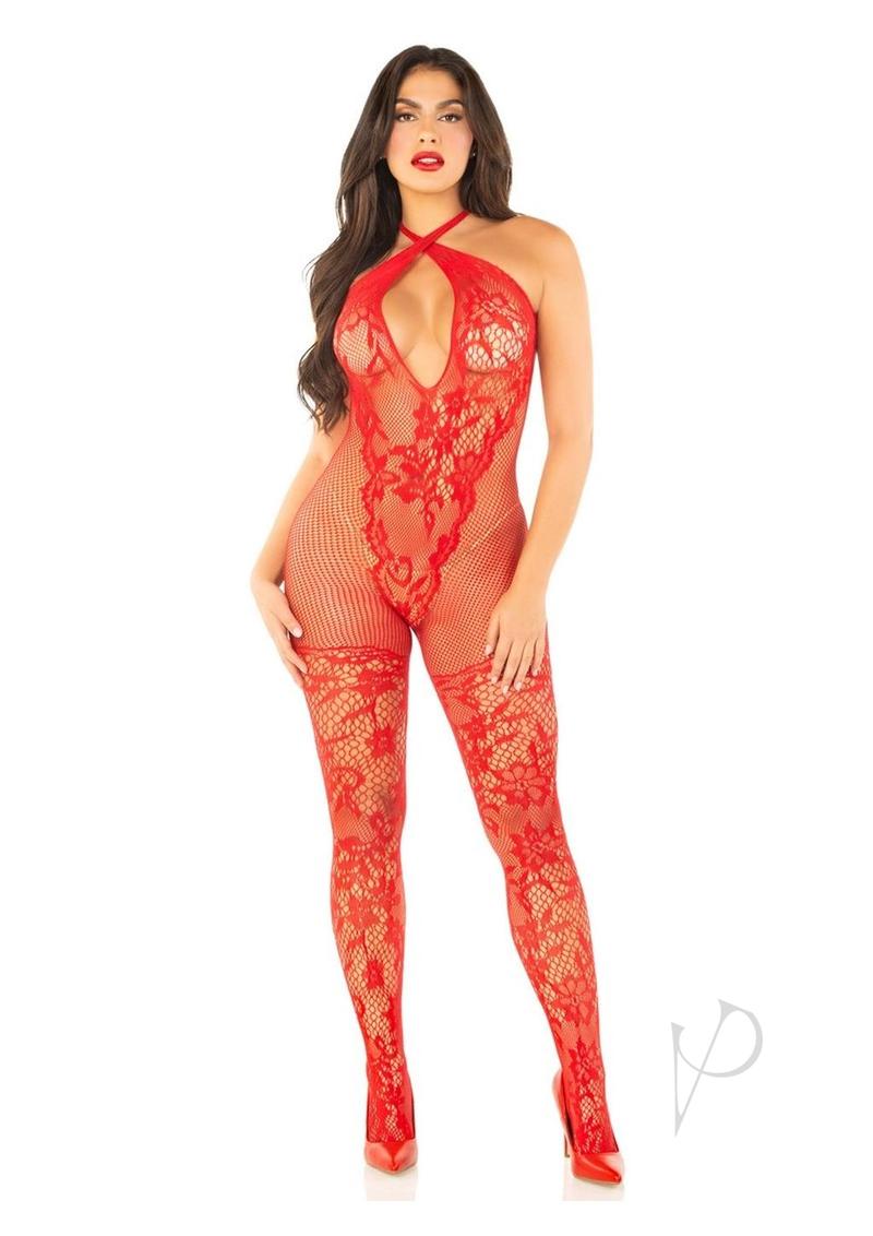 Leg Avenue Seamless Net and Lace Lingerie Jumpsuit with Keyhole Crossover Halter - OS - Red