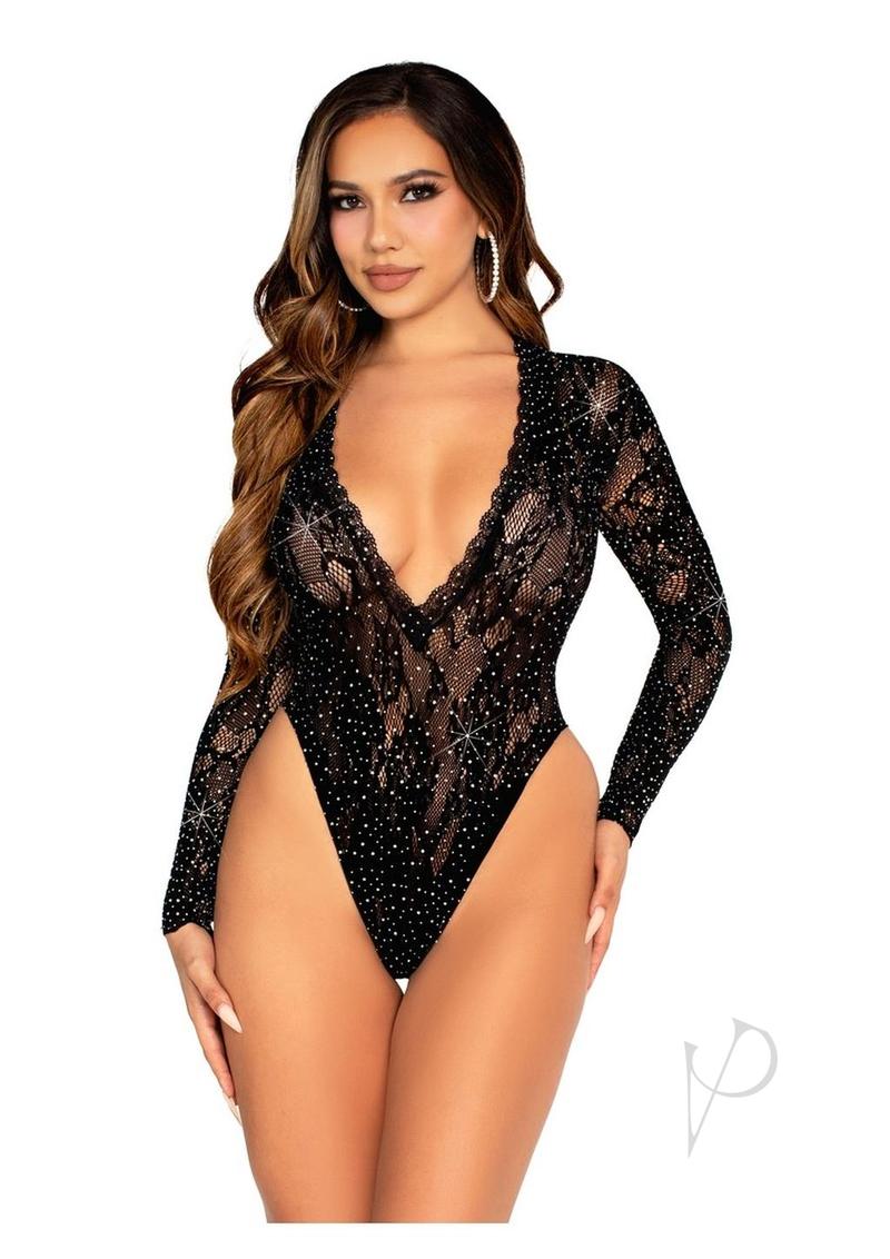 Leg Avenue Rhinestone Lace Deep-V High Cut Bodysuit - OS - Black