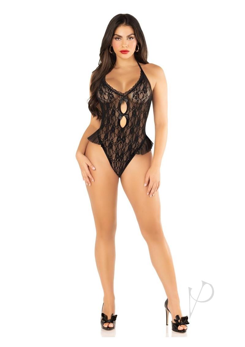 Floral Lace Halter Bodysuit with Mini Bow and Flutter Accent - OS - Black