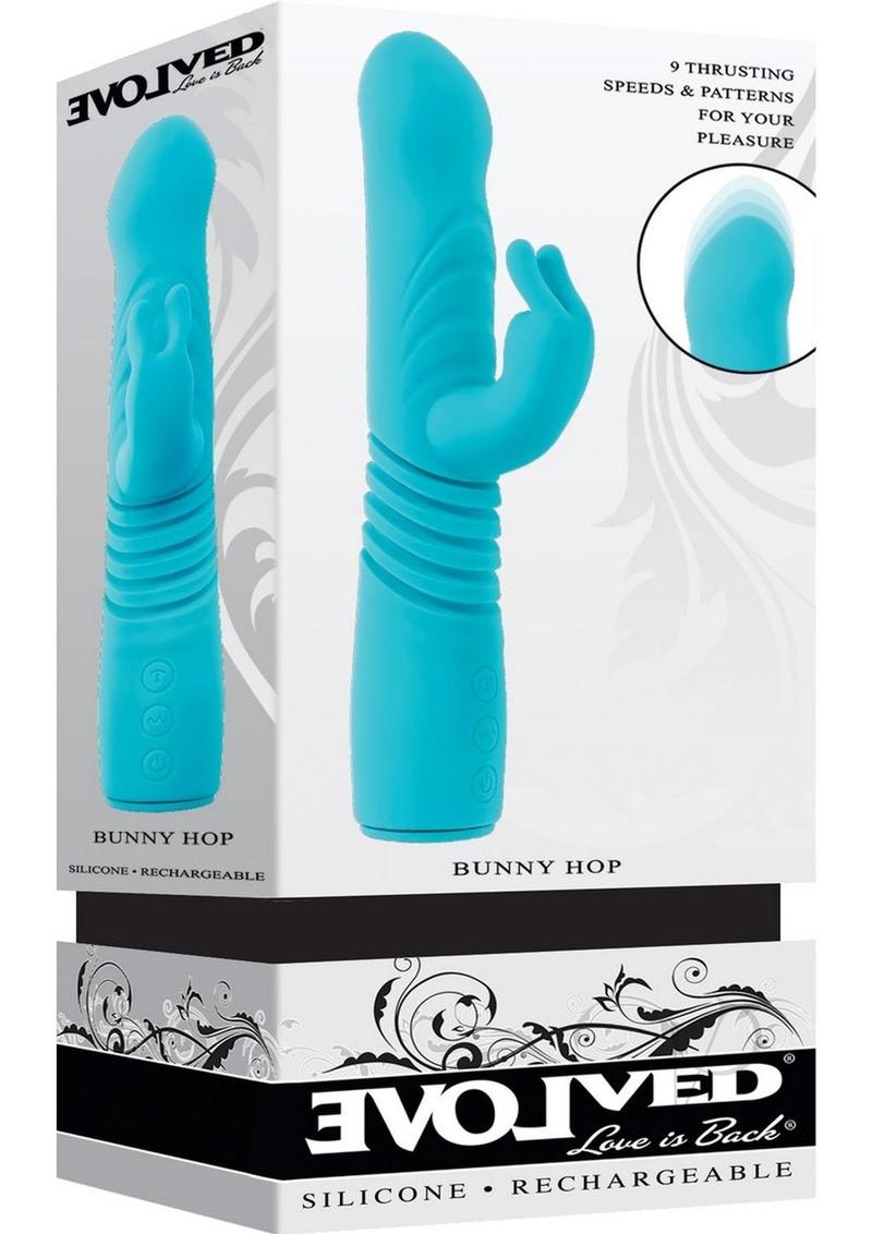 Bunny Hop Rechargeable Silicone Throbbing Rabbit Vibrator - Blue