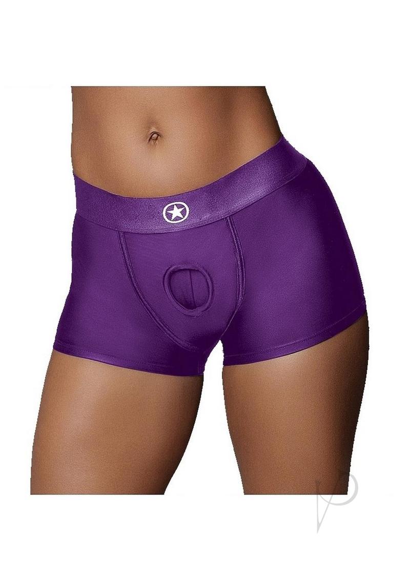 Ouch! Vibrating Strap-On Boxer with Rechargeable Bullet - M/L - Purple