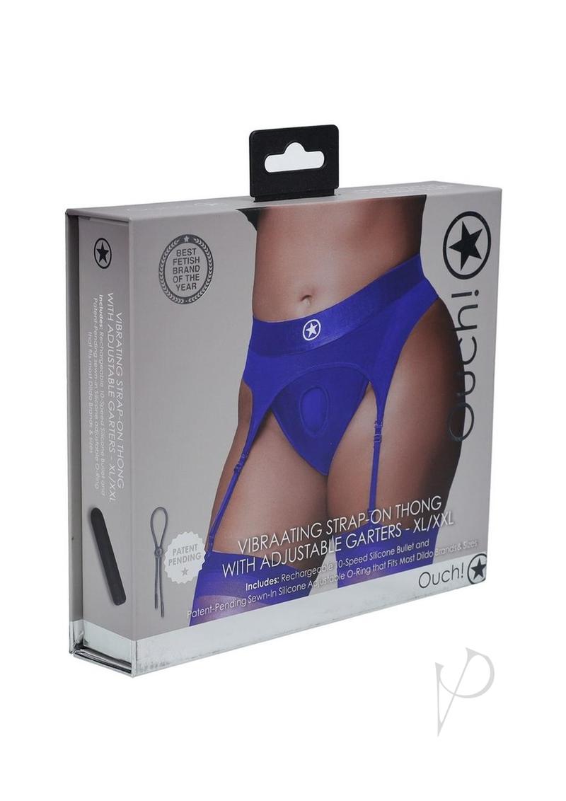 Ouch! Vibrating Strap-On Thong with Rechargeable Bullet - XL/2XL - Blue