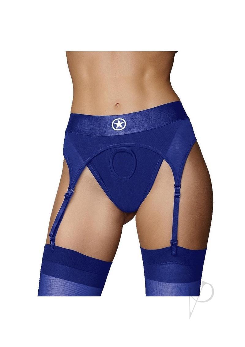 Ouch! Vibrating Strap-On Thong with Rechargeable Bullet - XS/SM - Blue