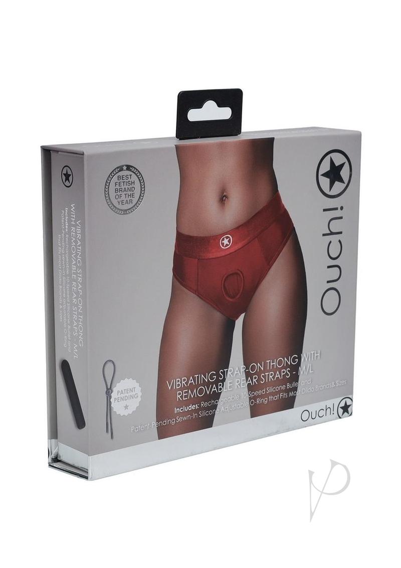 Ouch! Vibrating Strap-On Thong with Rechargeable Bullet - M/L - Red