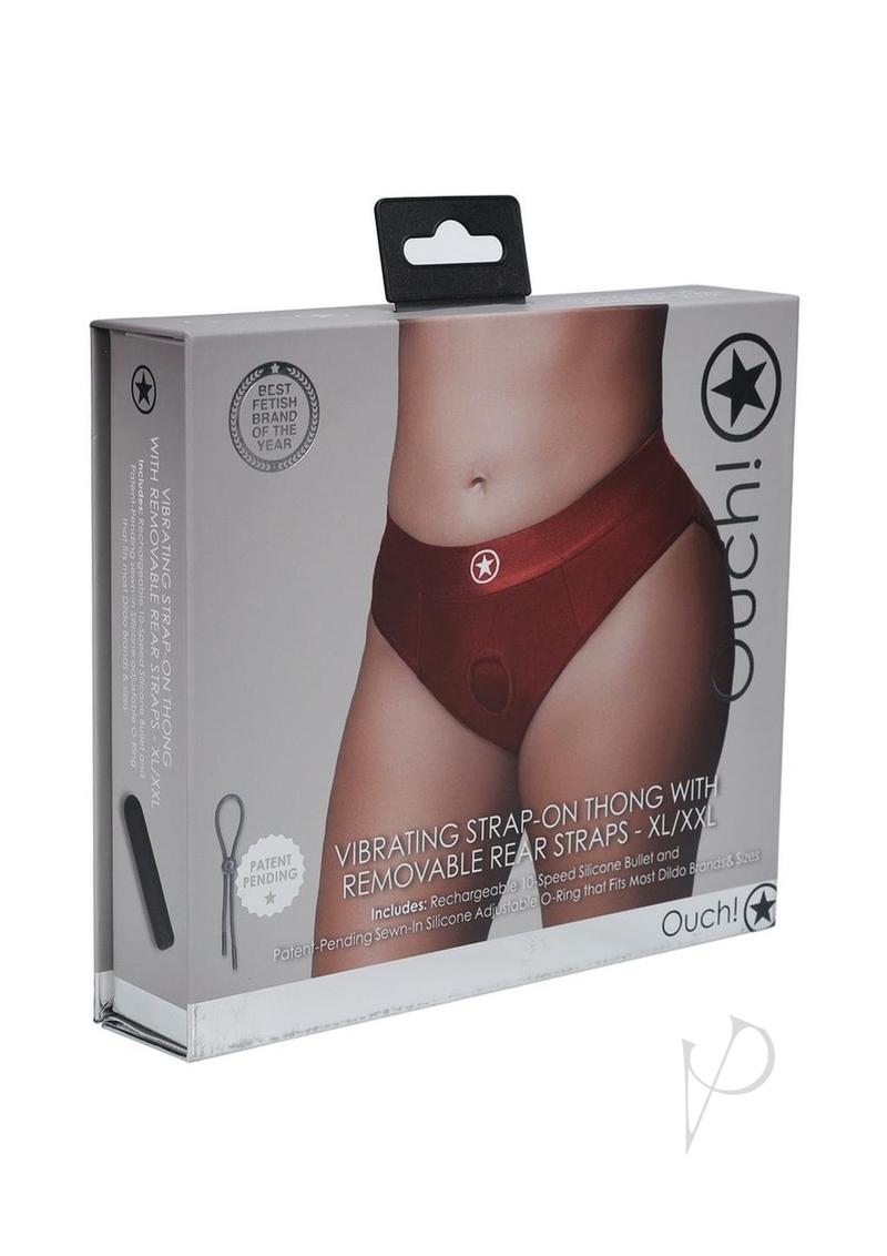 Ouch! Vibrating Strap-On Thong with Rechargeable Bullet - XL/2XL - Red