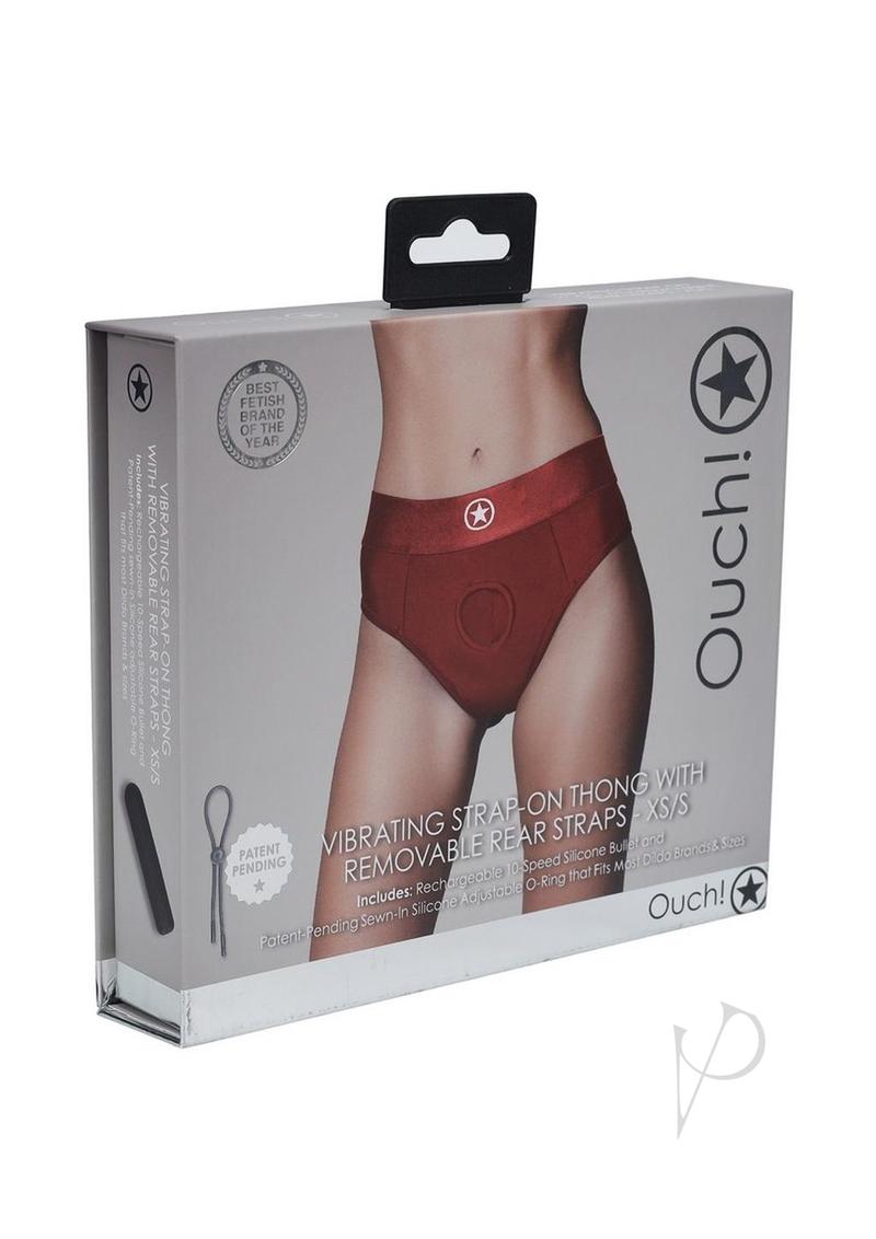 Ouch! Vibrating Strap-On Thong with Rechargeable Bullet - XS/SM - Red