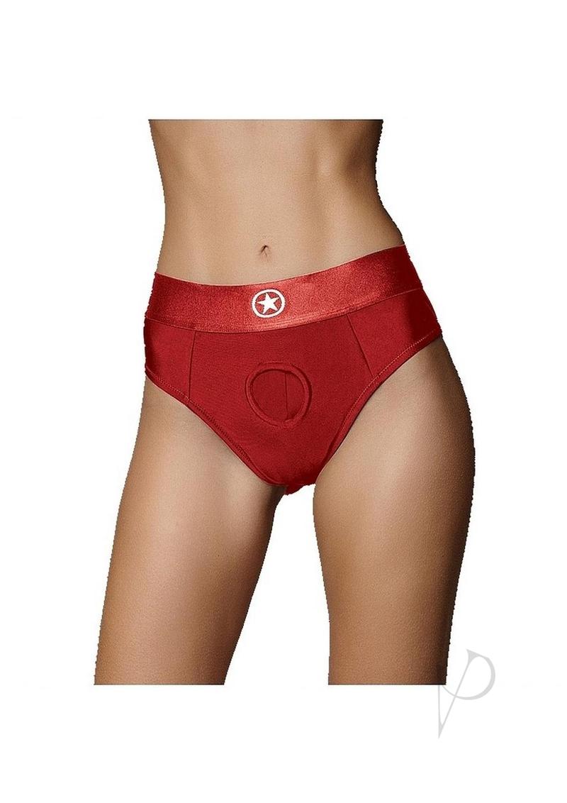 Ouch! Vibrating Strap-On Thong with Rechargeable Bullet - XS/SM - Red