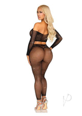 Leg Avenue Rhinestone Fishnet Crop Top and Footless Tights - Black - O/S