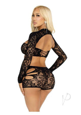 Leg Avene Lace Cut-Out Bra Top, Attached Shrug, and Boy Shorts (2 Piece) - Black - O/S