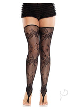 Leg Avenue Floral Net Toe Loop Footless Thigh Highs - Black - O/S