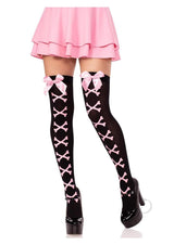 Leg Avenue Opaque Cross Bone Thigh Highs with Satin Bow Accent - Black/Light Pink - O/S