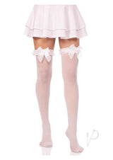 Leg Avenue Lace Garter Sheer Striped Thigh Highs with Satin Bow Accent - White - O/S
