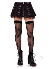 Leg Avenue Dotted Net Skull Thigh Highs - Black - O/S