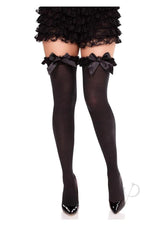 Leg Avenue Lace Garter Sheer Striped Thigh Highs with Satin Bow Accent - Black - O/S
