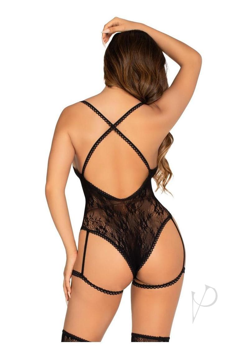 Leg Avenue Lace Garter Teddy with Keyhole Front and Crossover Back Straps - Black - O/S