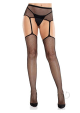 Leg Avenue Sinful Fishnet Stockings with Cross Backseam and Attached Garter Belt with Cross Accent - Black - O/S