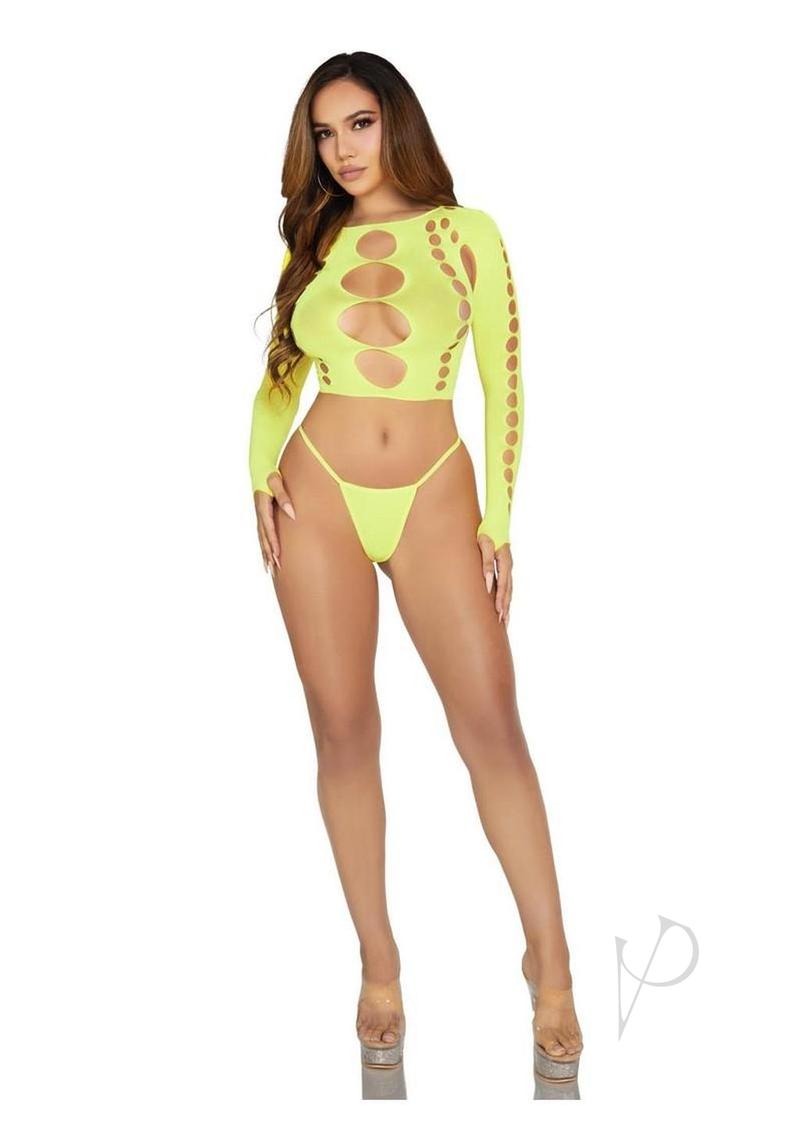 Leg Avenue Seamless Cut Out Long Sleeve Crop Top and G-String Panty - O/S