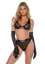 Playboy Flocked Bunny Bra Set - XSmall - Black