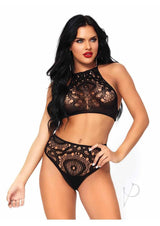 Leg Avenue Crochet Lace Halter Crop Top with Strappy Back Detail and High Waist Thong Panties (2 Piece) - Black - Medium/Large