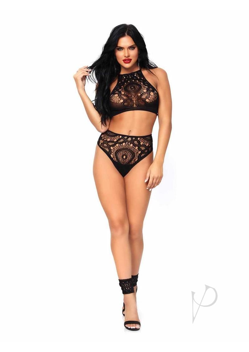 Leg Avenue Crochet Lace Halter Crop Top with Strappy Back Detail and High Waist Thong Panties (2 Piece) - Black - Medium/Large