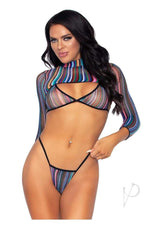 Leg Avenue Striped Fishnet Bikini Top, G-String Panty, and Long Sleeved Crop Top - Multicolor - O/S