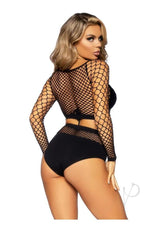 Leg Avenue Industrial Net Long Sleeved Crop Top and High Waist Full Back Opaque Bottoms (2 Piece) - Black - O/S