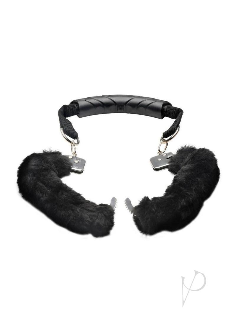 Master Series The Handler Furry Handcuffs with Handle - Black/Silver