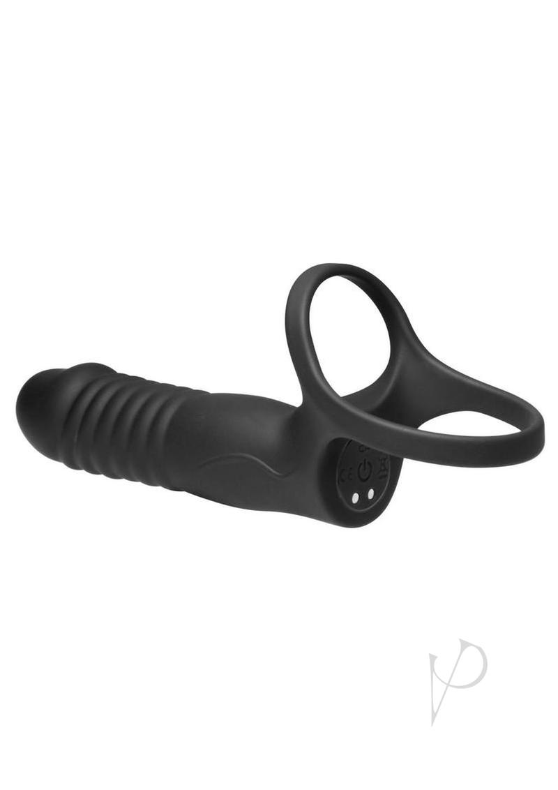Jock Double Thrust Thrusting and Vibrating Double Penetration Rechargeable Silicone Cock Ring w/ Remote - Black