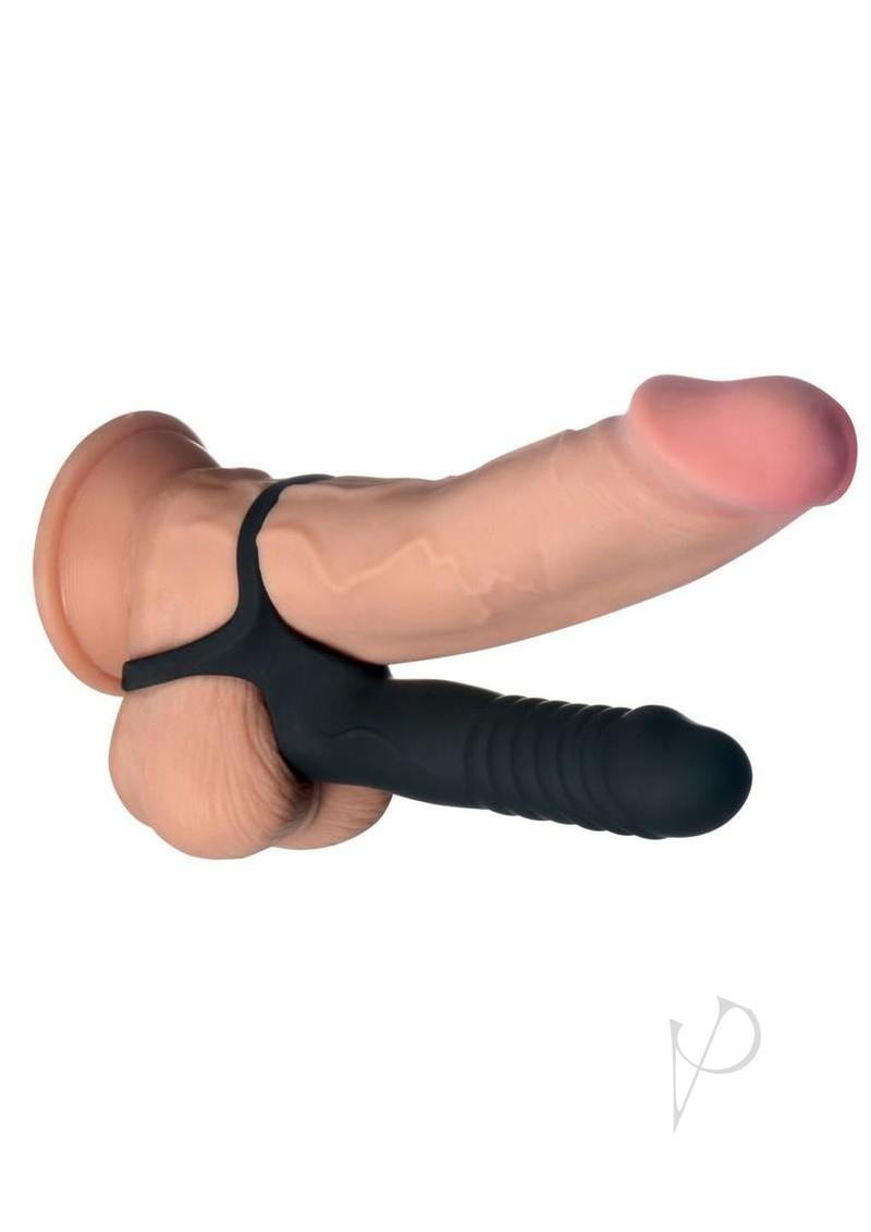Jock Double Thrust Thrusting and Vibrating Double Penetration Rechargeable Silicone Cock Ring w/ Remote - Black