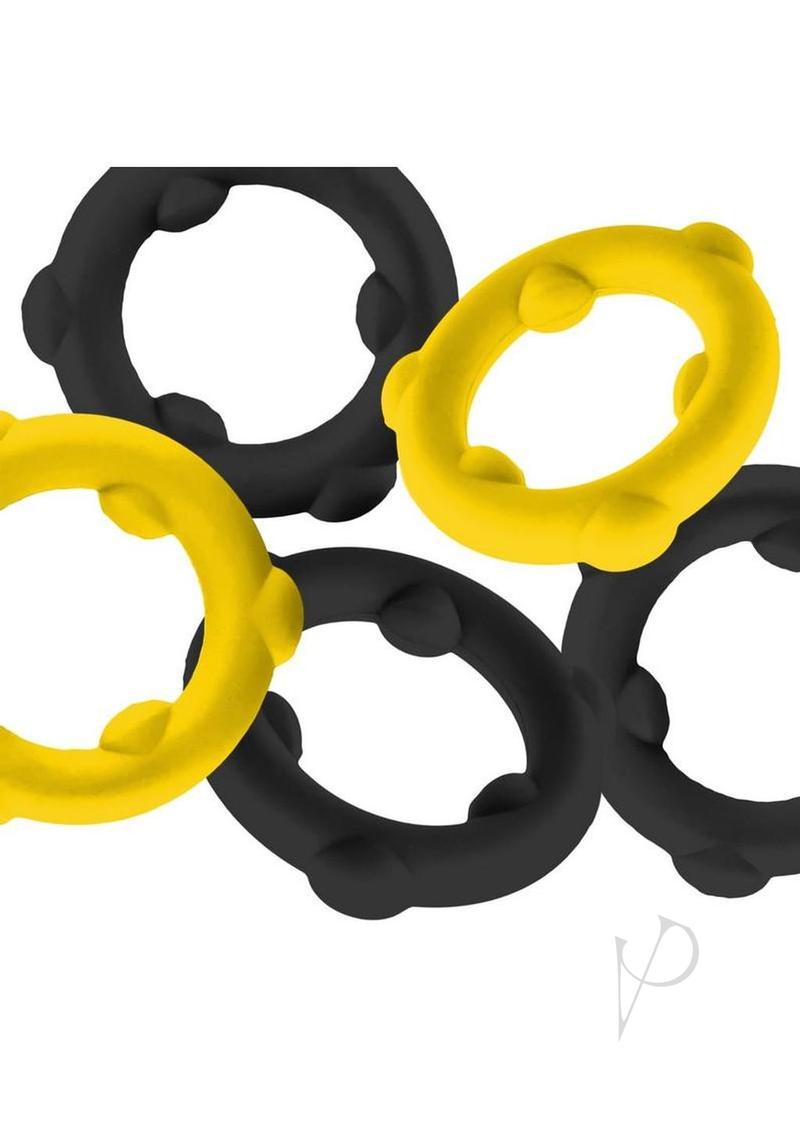 Oxballs Gearheads Silicone Spinner Cock Rings (5 Pack) - Yellow/Black
