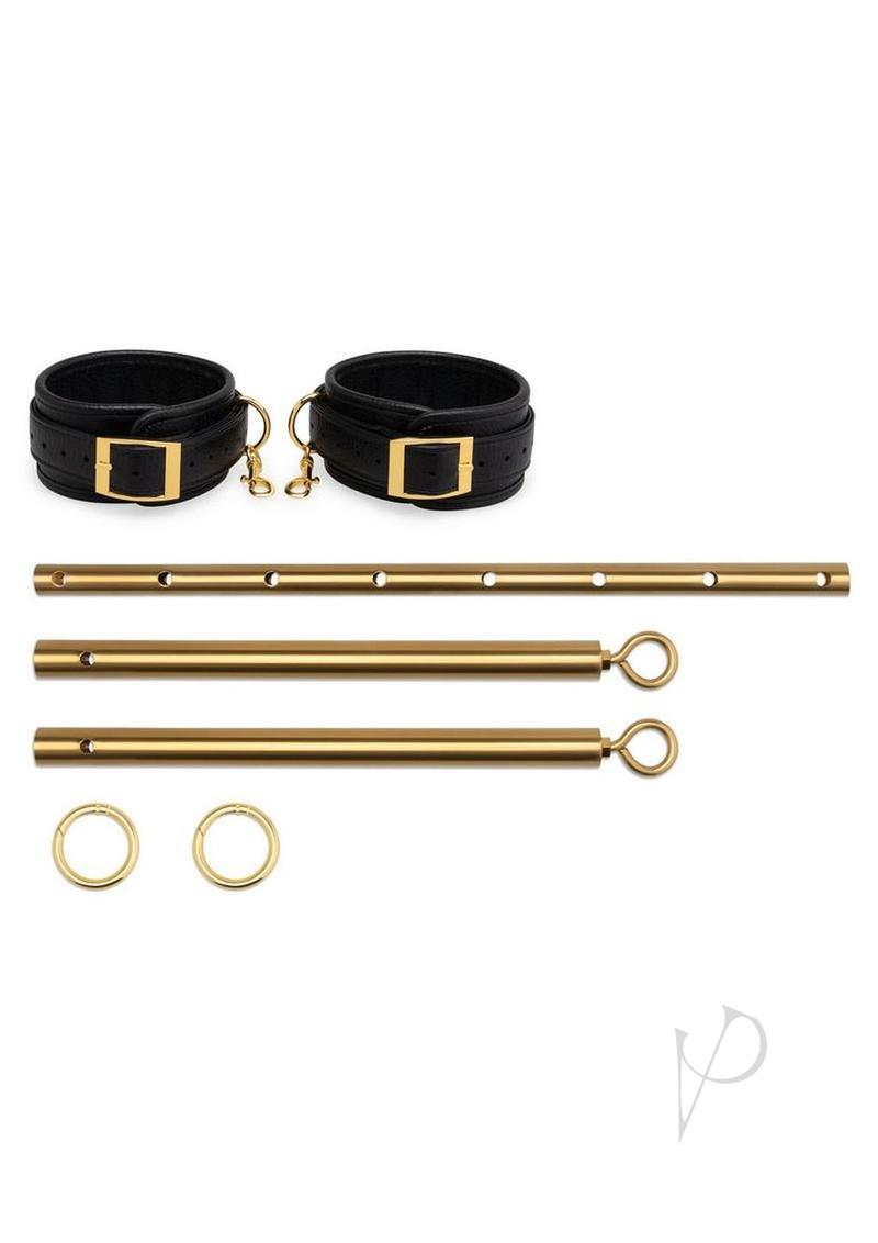 Lux Fetish Solid Gold Expandable Spreader Bar Set with Detachable Leatherette Cuffs - Black/Gold