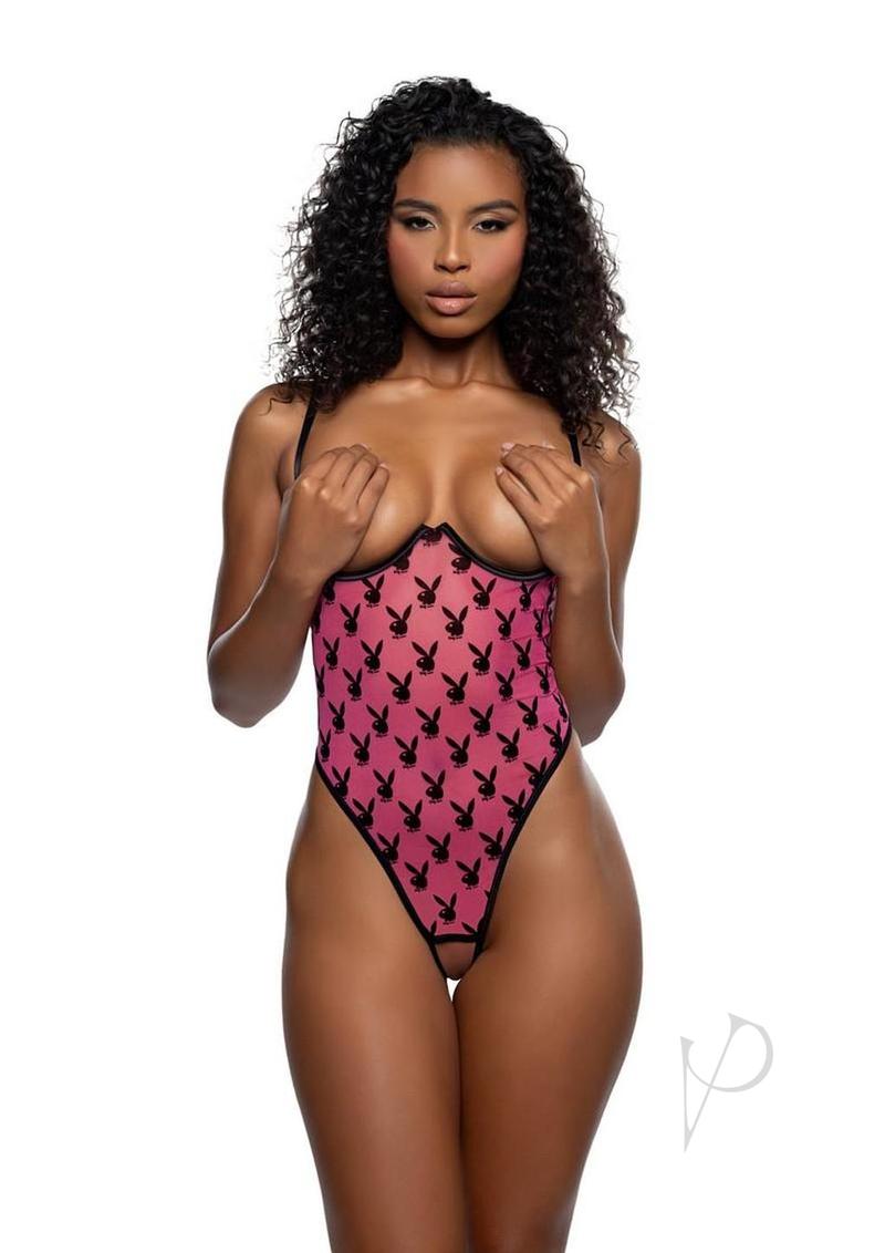 Playboy Ravishing Bunny Crotchless Teddy - Large/XLarge -  Hot Pink