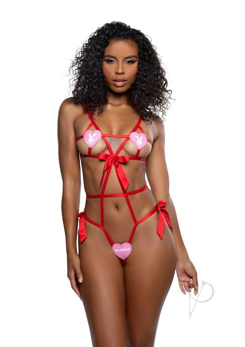 Playboy Lovestruck Bunny Strappy Teddy - OS - Red/Pink