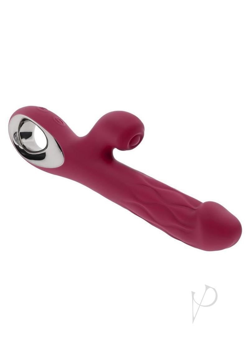 Bursting with Pleasure Rechargeable Silicone Inflatable Dual Rabbit Vibrator - Red