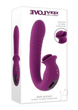 Deep Ecstasy Rechargeable Silicone Ribbed Thrusting Rabbit Vibrator with Clitoral Stimulator - Purple