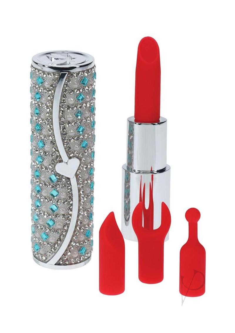 Loveline Tiffany Lipstick Rechargeable Silicone Vibrator with Interchangeable Heads - Blue