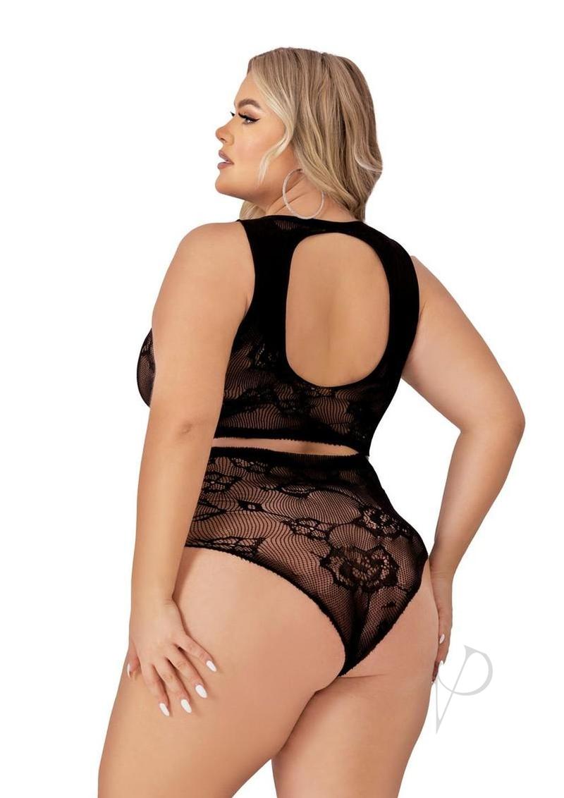 Lapdance Lingerie Crop Top and High Waist Hot Pants (2 Piece) - Queen Size - Black
