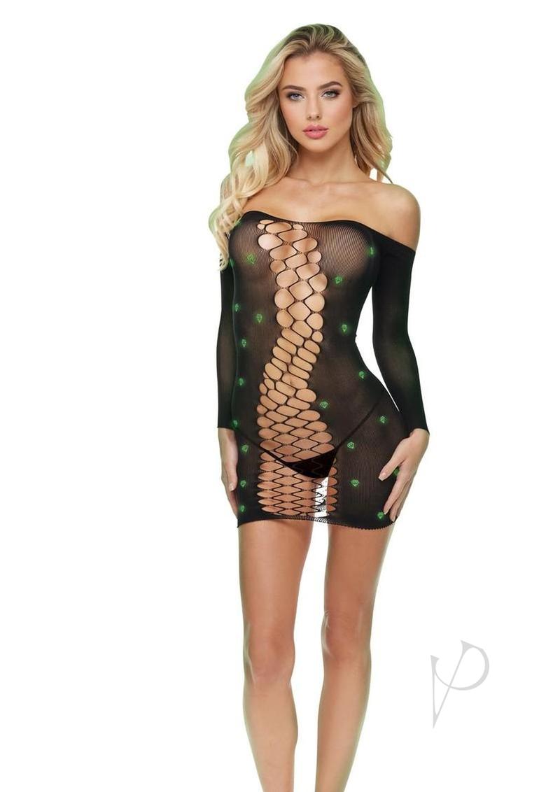Lapdance Lingerie Diamond Mesh Cutout Mini Dress - OS - Glow in the Dark