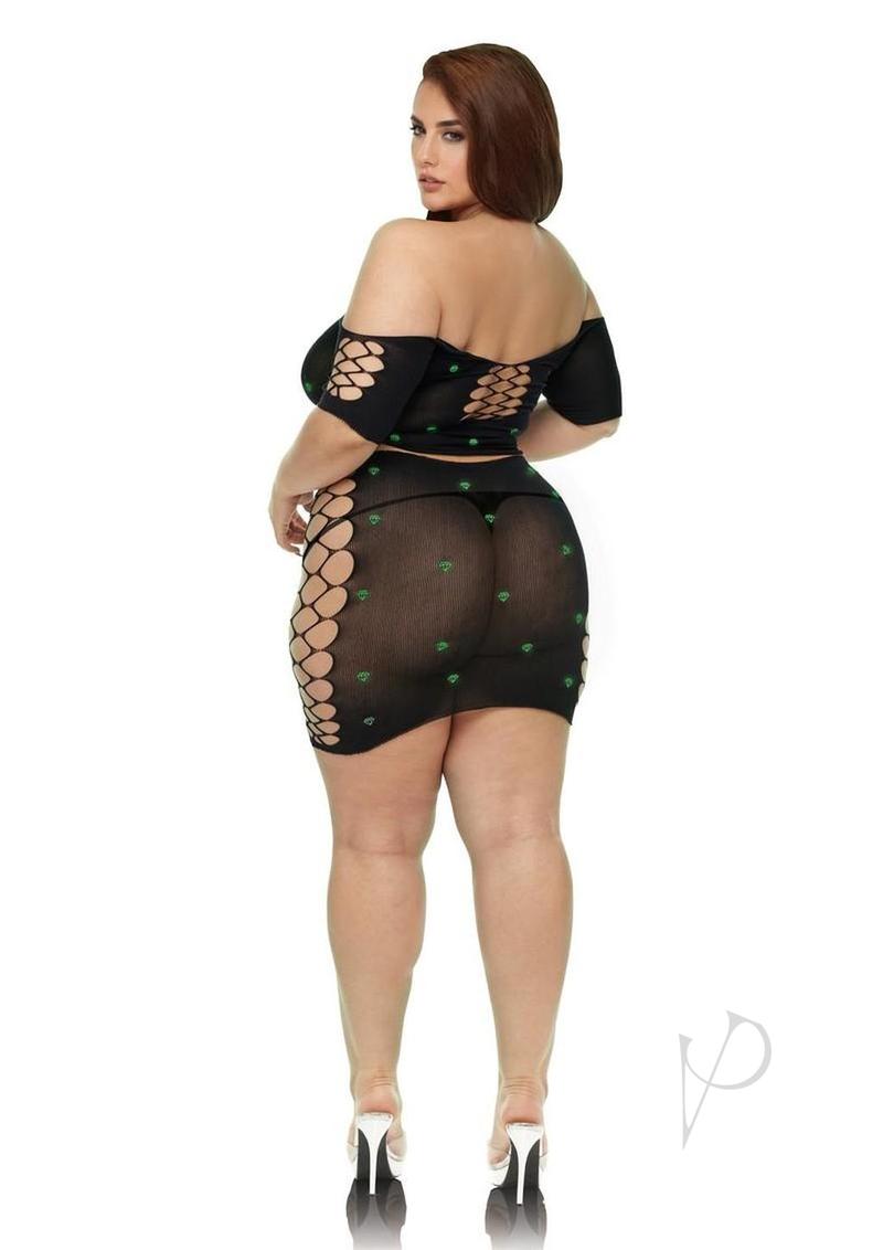 Lapdance Lingerie Diamond Crop Top and Skirt Set (2 Piece) - Queen Size - Glow in the Dark