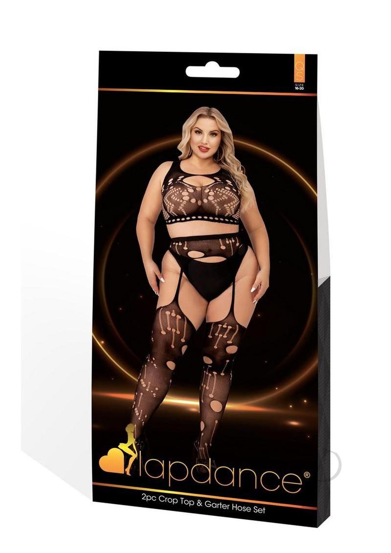 Lapdance Lingerie Crop Top and Garter Hose Set (2 Piece) - Queen Size - Black