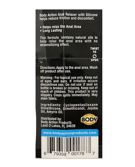 Body Action Anal Relaxer Silicone Lubricant .5oz