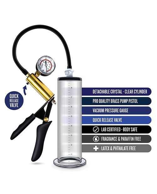 Performance VX6 Vacuum Penis Pump with Brass Pistol and Pressure Gauge 9.5in - Clear
