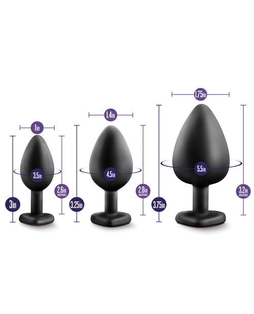 Luxe Bling Butt Plugs Silicone Training Kit with Red Gems (3 size kit) - Black