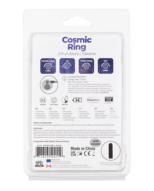 PowerBullet Cosmic Ring Rechargeable Silicone Vibrating Cock Ring - Black