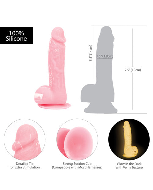 Addiction Toy Collection Brandon Silicone Glow-In-The-Dark Dildo with Balls 7.5in - Pink