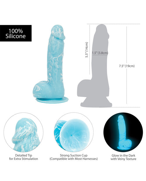 Addiction Toy Collection Luke Silicone Glow-In-The-Dark Dildo with Balls 7.5in - Blue