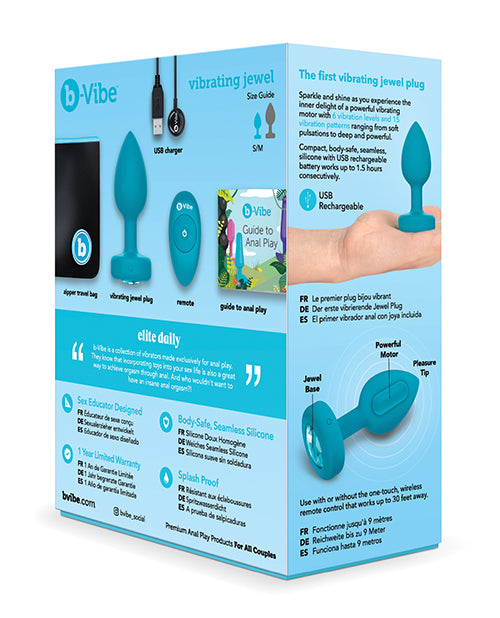 B-Vibe Vibrating Jewel Plug Rechargeable Silicone Anal Plug with Remote Control - Small/Medium - Teal