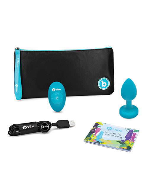 B-Vibe Vibrating Jewel Plug Rechargeable Silicone Anal Plug with Remote Control - Small/Medium - Teal