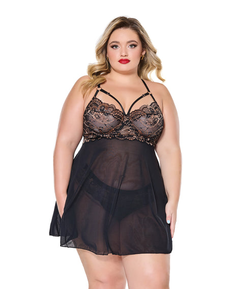 Lace and Mesh Underwire Babydoll w/Thong - Black/Rose Gold 1X/2X