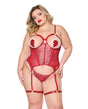 Metallic Stretch Scallop Lace and Mesh Bustier w/Thong - Red 1X/2X